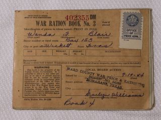 1944 War Ration Book No 3 Monahans Texas World War 2 Approx.  350 Tiny Stamps