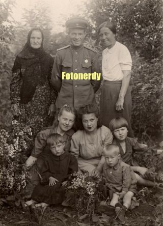 Father Came Back (1945) Wwii Photo Soviet Red Army Captain With His Big Family