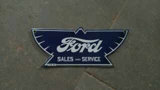 Porcelain Ford Sales And Service Enamel Sign Size 11 " X 4 " Inches.