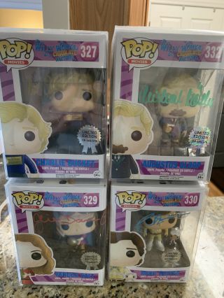 Funko Pops 4 Of The Lucky Willy Wonka Golden Ticket Winners Signed Limited.  Wow