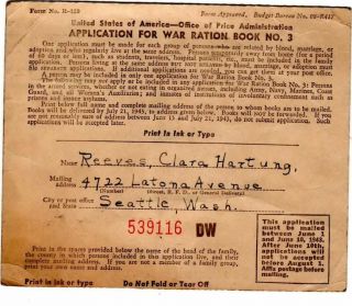 Opa Application For War Ration Book No.  3 Seattle,  Wa Cancel June 4,  1943 Offic
