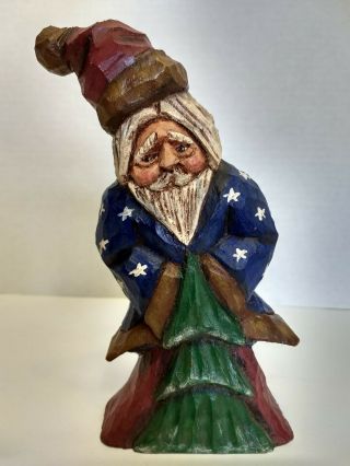 6 " Hand Carved Wood Santa With Christmas Tree - Signed By Don Lawrence