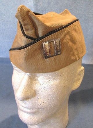 Wwii Us Army Officer Khaki Overseas Cap With Sterling Captain Rank; Pin Fastener