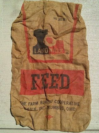 Vintage Landmark Feed Burlap Bag Ohio Farm Bureau Cooperative Columbus Red Black