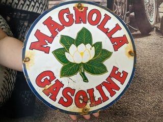 Old Vintage Magnolia Flower Gasoline Motor Oils Porcelain Gas Pump Metal Sign