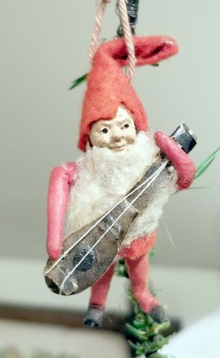 Miniature Cotton Dwarf,  Gnome.  Red Dressed,  With Mandolin.  German,  Early 1900s