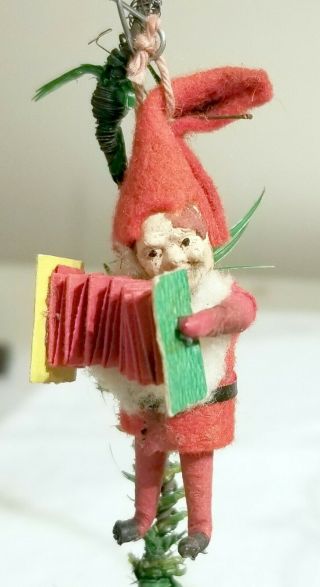 Miniature Cotton Dwarf,  Gnome.  Red Dressed,  With Accordion.  German,  Early 1900s