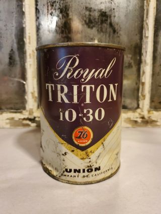 Vintage Union 76 Royal Triton 10 - 30 Oil Can.  Never Opened.  Full.  Some Damage.