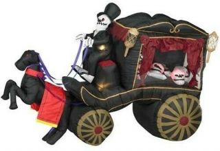 Gemmy Halloween Inflatable Horse Drawn Carriage Hearse 8 Ft Light Up Skeleton