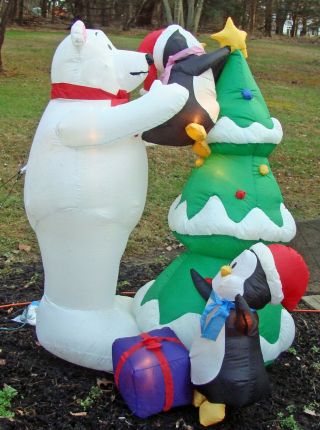 Gemmy 5 Foot Tall Inflatable Polar Bear,  Penguins And Tree In Its Box