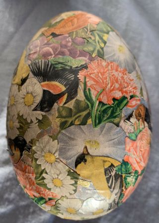 Wonderful Old 4 1/2 Paper Mache Easter Egg Candy Container Flowers,  Birds