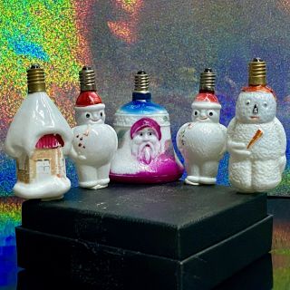- (5) Christmas Figural Milk Glass Light Bulbs C6 Snowmen,  Etc.