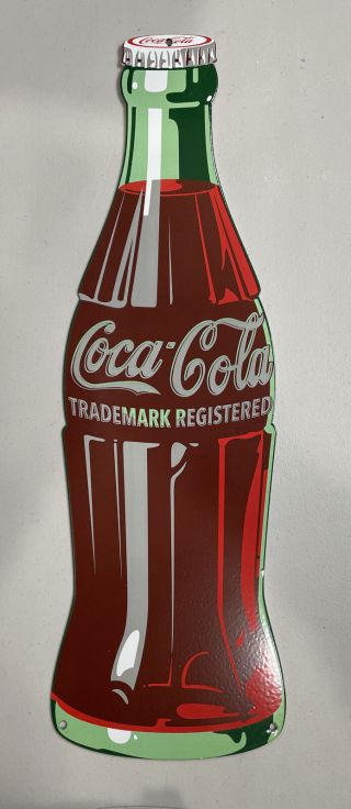 Large Die Cut Metal Porcelain Coca - Cola Bottle Enamel Porcelain Sign 27”x8”