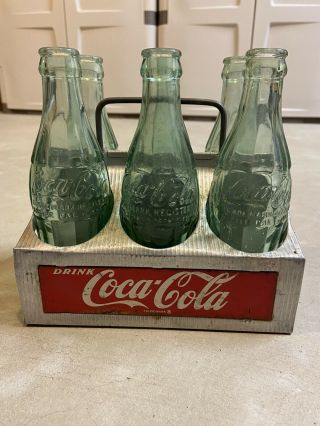 Vintage Coca - Cola Aluminum Metal 6 - Pack Carrier Drink Holder Caddy W/ Bottles