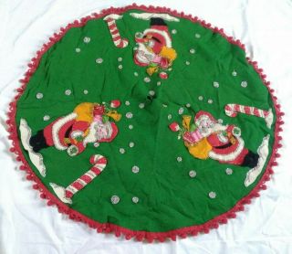 Vintage Christmas Tree Skirt Green Santa Felt Sequins Beads AppliquÉ Round Snow