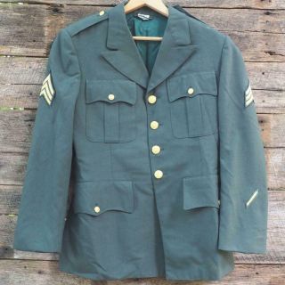 Vintage Us Army Green Dress Jacket Coat W/ Patches 38 R