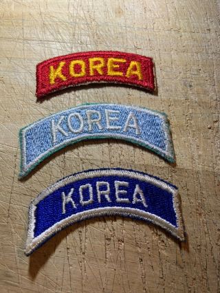 1950s/korean War? 3 - Us Army Tab/scroll Patches - Korea,  Red,  Light/blue Originals