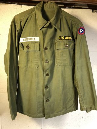 Us Army Og Od Cotton Sateen Green White Name Tab Utility Shirt Fatigues Campbell