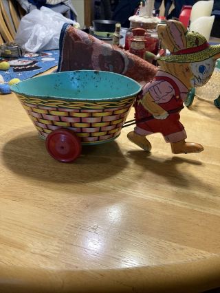 J Chein Vintage 1950s Tin Litho Easter Bunny Rabbit Pulling Large Basket Cart