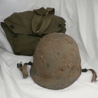 Korean War 8th Us Army M1 Helmet W Liner Named Photographer Veteran & Canvas Bag