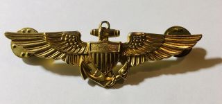 Korean War 1/20 10k Gold Filled Navy Aviator Pilot 2 3/4 Inch Wings Badge By H&h