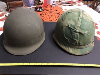 2 Korean War Us Army M - 1 Helmets.  One Combat Worn With Liner.  Vintage Originals
