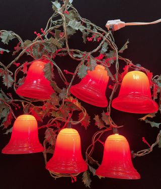 Vintage 1960 Light King 7 Holly Garland Red Blinking Bell Set Christmas Twinkle
