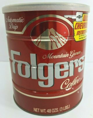 Vintage Folgers Coffee Can Tin Red Automatic Drip 48 Oz W/lid Not Big Lebowski