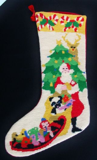 Vintage Wool Needlepoint Christmas Stocking Santa Reindeer Toys 20 " Long