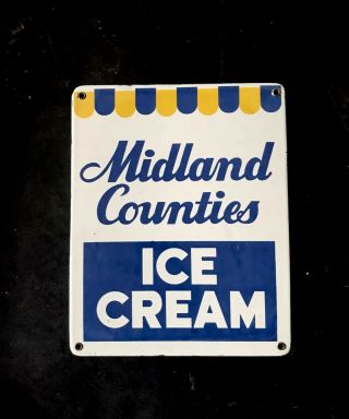 Vintage 1950’s Midland Counties Ice Cream Porcelain Sign Gas Oil Pump Gasoline