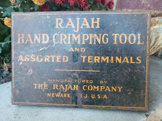 Vtg Rajah Hand Crimping Tool Metal Advertising Box Assortment Case Gas Oil Sign