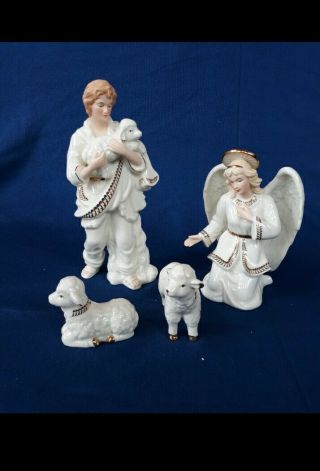Vintage Bon Ton Jade Porcelain Nativity 4 Piece Angel Shepherd And 2 Lambs