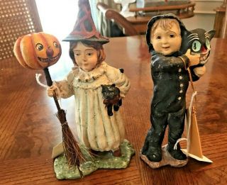 Bethany Lowe Designs Halloween Child In Black Cat Costume & Girl Witch Distresse