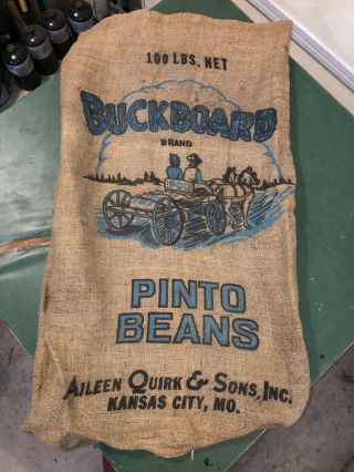 Vintage Buckboard Brand Pinto Beans Burlap Sack Bag Allen Quirk Kansas City Mo