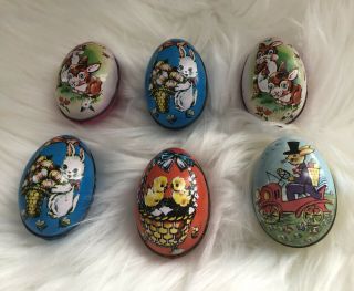 Vintage Metal Tin Litho Easter Egg Candy Containers Hong Kong 2.  5 " Rare