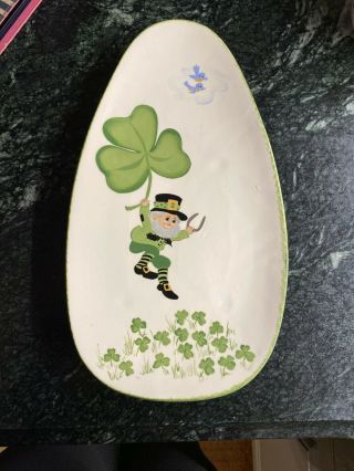 Vintage Hand Painted Ceramic Leprechaun Platter Mid Century St Patricks Day