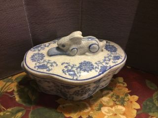 French Country Blue & White Covered Dish Wirh Bunny On Top Crackle Finish