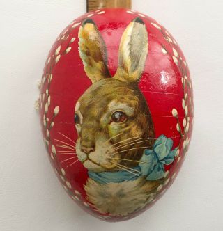 Antique Vintage Easter Red Paper Mache Egg Candy Container Germany Rabbit