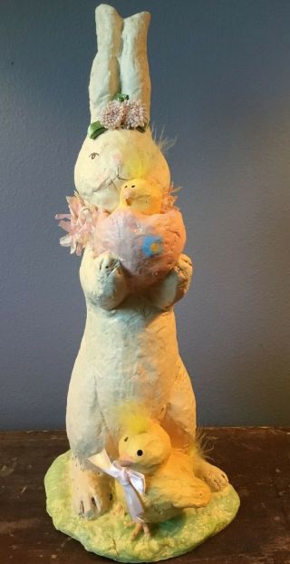 Precious Easter Bunny Paper Mache Rabbit With Egg / Chicks Chicken Centerpiece