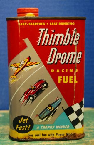 Vintage L.  M.  Cox Thimble Drome Racing Fuel 8 Oz Can Graphics Empty