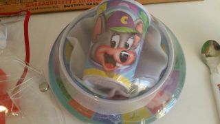 Chuck E Cheese Clear Back Pack with Bowl Cup Plate Spoon Token Cup Melamine 2
