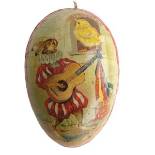 Antique Vintage Easter Paper Mache Egg Candy Container Germany Rabbit W/ Guitar