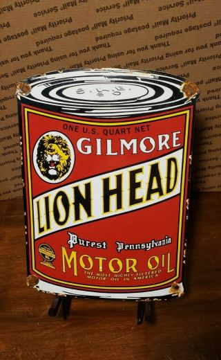 Gilmore Lion Head Motor Oil Porcelain Sign Oil Can Shape Vintage Brand Lubster