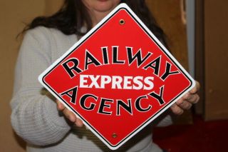 Railway Express Agency Train Depot Railroad Station Gas Oil Porcelain Metal Sign