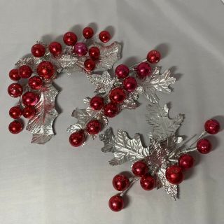 Vintage Floral Christmas Tin Foil Leaves Red Glass Balls,  Set Of 3,  Japan