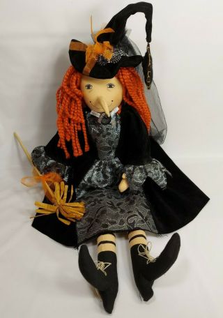 Large Halloween Witch Doll With Broom And Hat Shelf Sitter Red Hair Green 20 "