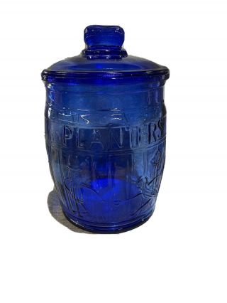 Vintage Planters Running Mr Peanut Cobalt Blue Glass Barrel Jar Store Display
