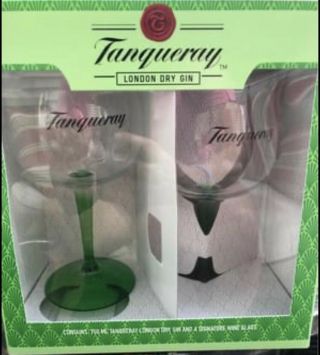 Tanqueray Gin Balloon Crystal Promo Cocktail Glasses Green Stems Set Of 2