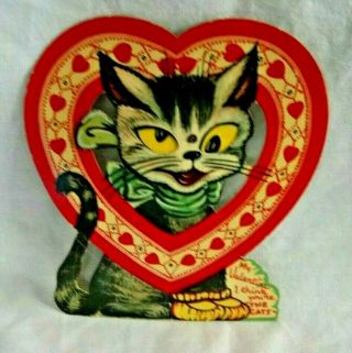 Vintage 1938 Large Mechanical Valentine With Cat And Heart,  Made In U.  S.  A.