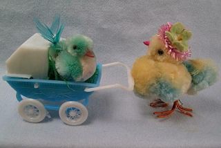 Vintage Easter Chenille Chicks Mom Baby Buggy Pompom Chickens Japan Decorations